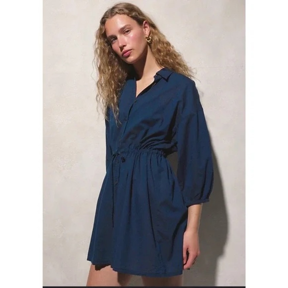 New J Crew Cinched Shirt Dress 100% Cotton Navy Blue Puff Sleeve Travel Medium
